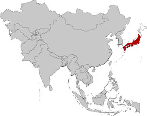 Map of Japan with national flag on Gray map of Asia
