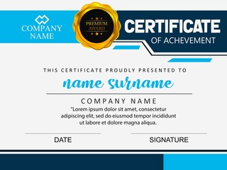 Certificate template with geometry gold and black frame and badge on white background.