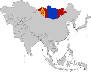 Map of Mongolia with national flag on Gray map of Asia