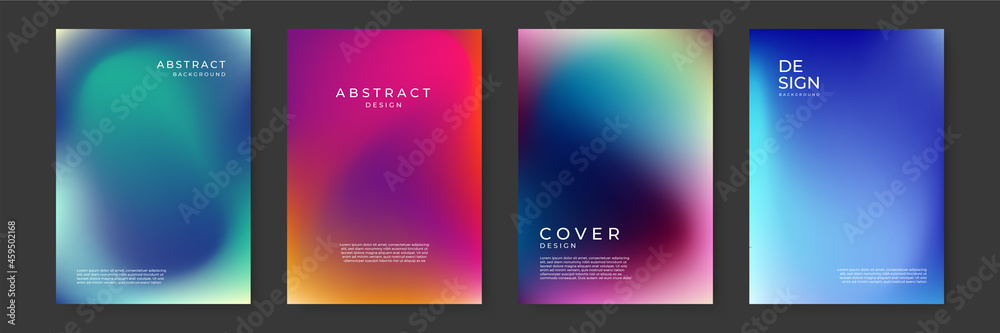 Poster Blurred backgrounds set with modern abstract blurred color gradient patterns on white. Smooth templates collection for brochures, posters, banners, flyers and cards. Vector illustration.