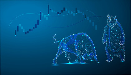 Concept of stock market exchange or financial technology, polygon bull and bear. Abstract image in the form of a starry sky or space, consisting of points, lines, and shapes.