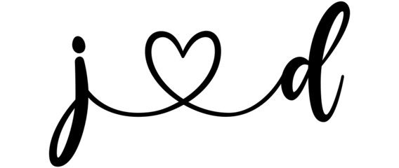 jd, dj, letters with heart Monogram, monogram wedding logo. Love icon, couples Initials, lower case, connecting HEART, home decor,