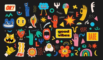 Hand drawn Vector illustrations of Set of Various patches, pins, stamps or stickers with abstract funny cute comic characters. - obrazy, fototapety, plakaty