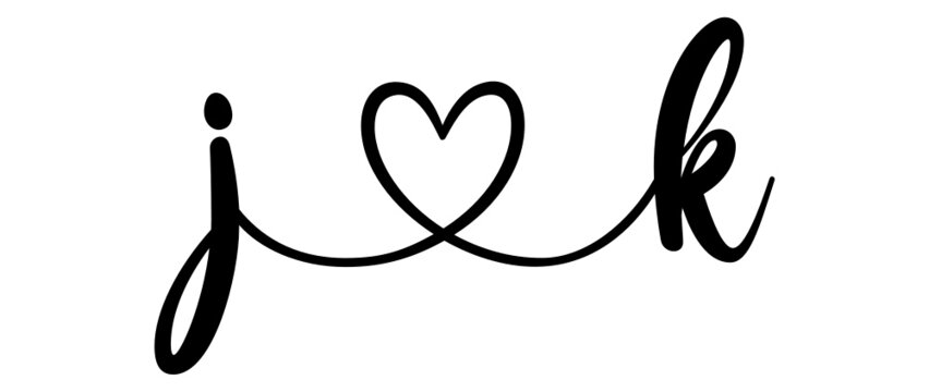 jk, kj, letters with heart Monogram, monogram wedding logo. Love icon, couples Initials, lower case, connecting HEART, home decor,