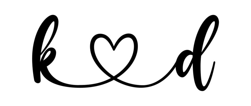 kd, dk, letters with heart Monogram, monogram wedding logo. Love icon, couples Initials, lower case, connecting HEART, home decor,