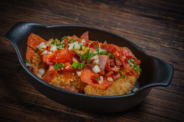 Meat stew with baked potatoes- hunter style. Fastfood- restaurant concept