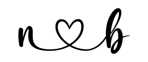 nb, bn, letters with heart Monogram, monogram wedding logo. Love icon, couples Initials, lower case, connecting HEART, home decor,