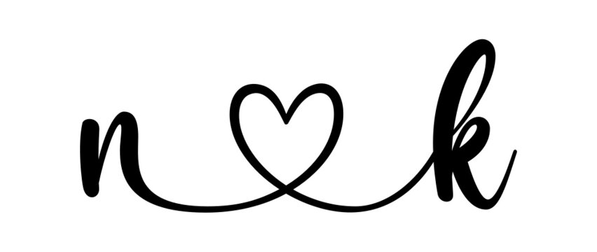 nk, kn, letters with heart Monogram, monogram wedding logo. Love icon, couples Initials, lower case, connecting HEART, home decor,