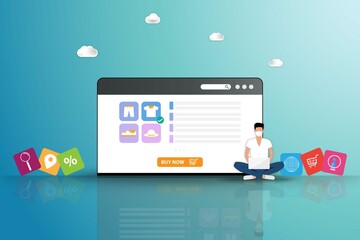 Concept of online shopping, young man wear a face mask and sit near shopping online icon and a big screen of web browser that contain list of products to order a new shirt in green color background.