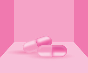 Pink pills, tablets, on a pastel pink background, 3d render, studio.