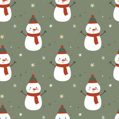 Seamless pattern with funny snowmen on green background simple cartoon style. Vector illustration for Christmas and New Year holidays.