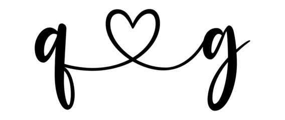 qg, gq, letters with heart Monogram, monogram wedding logo. Love icon, couples Initials, lower case, connecting HEART, home decor,