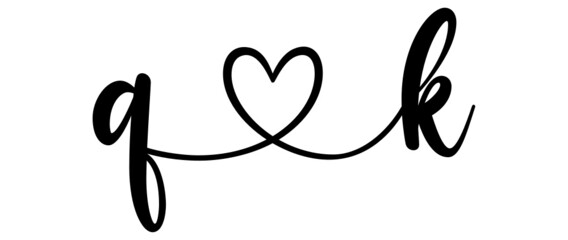 qk, kq, letters with heart Monogram, monogram wedding logo. Love icon, couples Initials, lower case, connecting HEART, home decor,