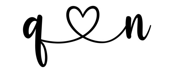 qn, nq, letters with heart Monogram, monogram wedding logo. Love icon, couples Initials, lower case, connecting HEART, home decor,