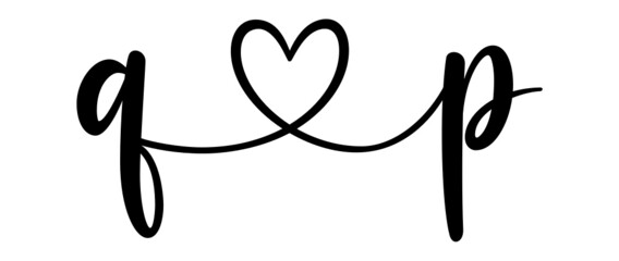 qp, pq, letters with heart Monogram, monogram wedding logo. Love icon, couples Initials, lower case, connecting HEART, home decor,