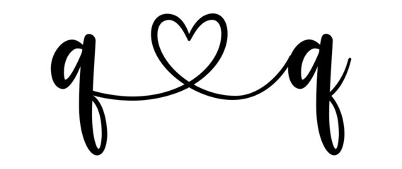 qq, qq, letters with heart Monogram, monogram wedding logo. Love icon, couples Initials, lower case, connecting HEART, home decor,