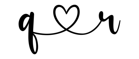 qr, rq, letters with heart Monogram, monogram wedding logo. Love icon, couples Initials, lower case, connecting HEART, home decor,