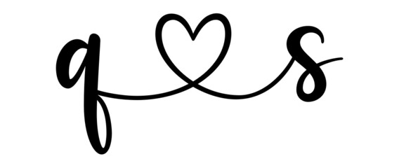 qs, sq, letters with heart Monogram, monogram wedding logo. Love icon, couples Initials, lower case, connecting HEART, home decor,