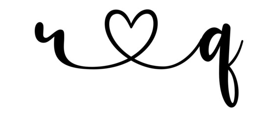 rq, qr, letters with heart Monogram, monogram wedding logo. Love icon, couples Initials, lower case, connecting HEART, home decor,