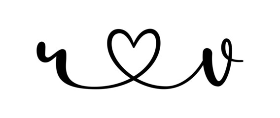 rv, vr, letters with heart Monogram, monogram wedding logo. Love icon, couples Initials, lower case, connecting HEART, home decor,
