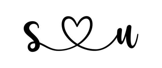 su, us, letters with heart Monogram, monogram wedding logo. Love icon, couples Initials, lower case, connecting HEART, home decor,