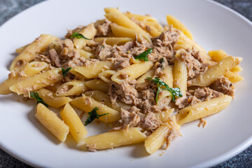Penne pasta with tuna fish. Healthy and qickly lunch.
