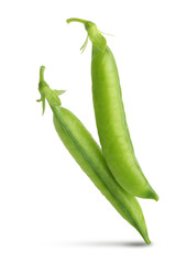 Two fresh green pea pod isolated on white background