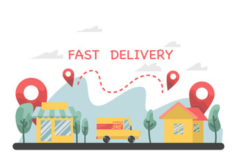 online delivery service concept Online Order Tracking Home and office delivery. Logistics. City. Truck. Forklift. Delivery man. Delivery man. Mobile. Illustrations and vectors.