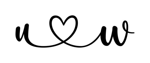 uw, wu, letters with heart Monogram, monogram wedding logo. Love icon, couples Initials, lower case, connecting HEART, home decor,