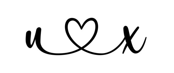ux, xu, letters with heart Monogram, monogram wedding logo. Love icon, couples Initials, lower case, connecting HEART, home decor,