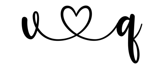 vq, qv, letters with heart Monogram, monogram wedding logo. Love icon, couples Initials, lower case, connecting HEART, home decor,