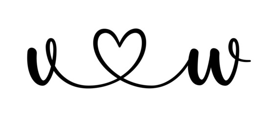 vw, wv, letters with heart Monogram, monogram wedding logo. Love icon, couples Initials, lower case, connecting HEART, home decor,