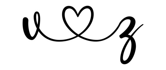 vz, zv, letters with heart Monogram, monogram wedding logo. Love icon, couples Initials, lower case, connecting HEART, home decor,