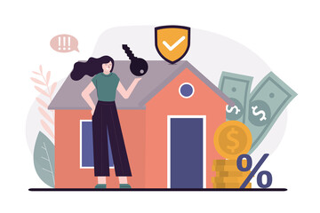 Fototapeta na wymiar Happy cartoon woman with key buying house. Concept of business mortgage payment. House loan or money investment to real estate. Safe property money investment