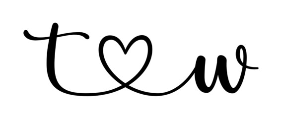tw, wt, letters with heart Monogram, monogram wedding logo. Love icon, couples Initials, lower case, connecting HEART, home decor,