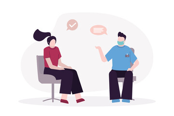 Woman at doctor for examination. Cartoon girl at nurse's appointment in hospital. Lady checking health. Concept of planned healthcare check up