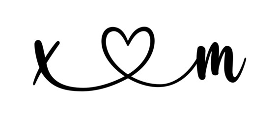 xm, mx, letters with heart Monogram, monogram wedding logo. Love icon, couples Initials, lower case, connecting HEART, home decor,