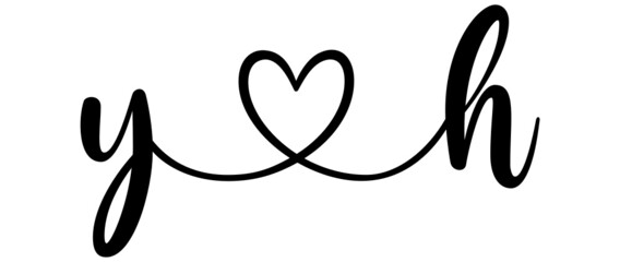 yh, hy, letters with heart Monogram, monogram wedding logo. Love icon, couples Initials, lower case, connecting HEART, home decor,