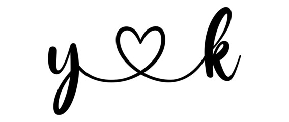 yk, ky, letters with heart Monogram, monogram wedding logo. Love icon, couples Initials, lower case, connecting HEART, home decor,
