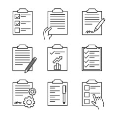 Set of clipboard chek icons. Flat pictogram for web. Line stroke. Simple pad symbol isolated on white background. Outline list test vector eps10
