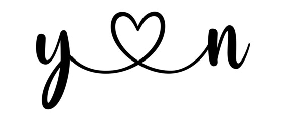 yn, ny, letters with heart Monogram, monogram wedding logo. Love icon, couples Initials, lower case, connecting HEART, home decor,