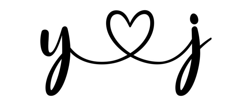 yj, jy, letters with heart Monogram, monogram wedding logo. Love icon, couples Initials, lower case, connecting HEART, home decor,