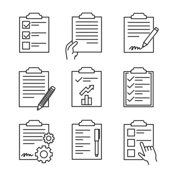 Set of clipboard chek icons. Flat pictogram for web. Line stroke. Simple pad symbol isolated on white background. Outline list test vector eps10