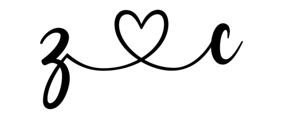 zc, cz, letters with heart Monogram, monogram wedding logo. Love icon, couples Initials, lower case, connecting HEART, home decor,