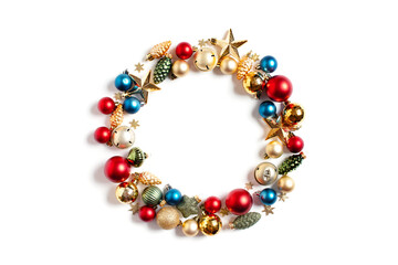 Festive wreath of Christmas decoration, vibrant composition on white