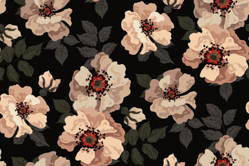 Seamless floral pattern on a dark background. Abstract composition of large wild rose flowers, leaves. Vector illustration.