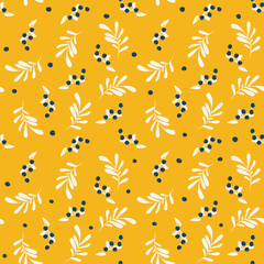 Botanical seamless pattern. Branches, leaves and berries. Cute and colorful vector illustration for background, gift card, wrapping paper, textile, stationery and any surface design