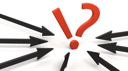 3D rendering. Red exclamation and question marks on a white background. Arrows indicating the direction of the main object. Graphic abstraction. Illustration. 3D image.