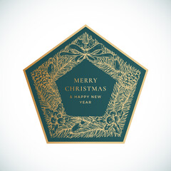 Christmas and New Year Hand Drawn Sketch Wreath, Frame Banner or Sticker Template. Abstract Holiday Promo Sale Vector Pentagon Shape Label with Retro Typography and Gold Color. Isolated