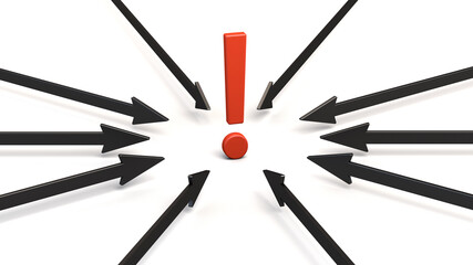 3D rendering. Red exclamation mark on a white background. Arrows indicating the direction of the main object. Graphic abstraction. 3D illustration.